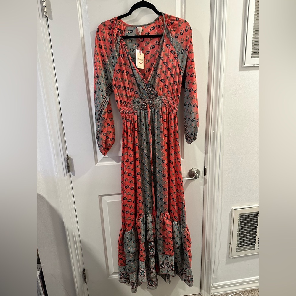 Raga Maxi Dress with Tiered Skirt in Burnt Orange Floral Print